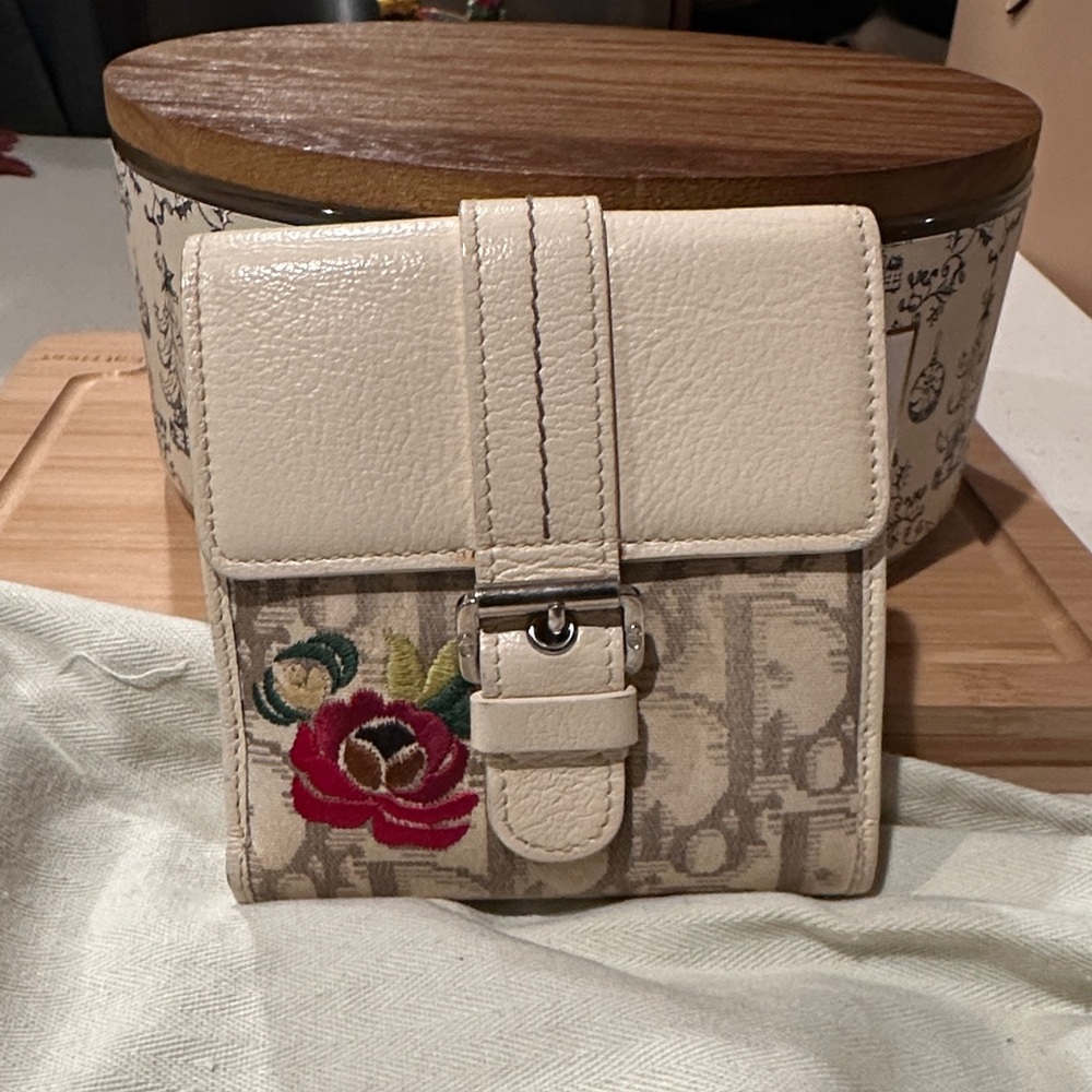 Dior Cream and Tan Embroidered Wallet